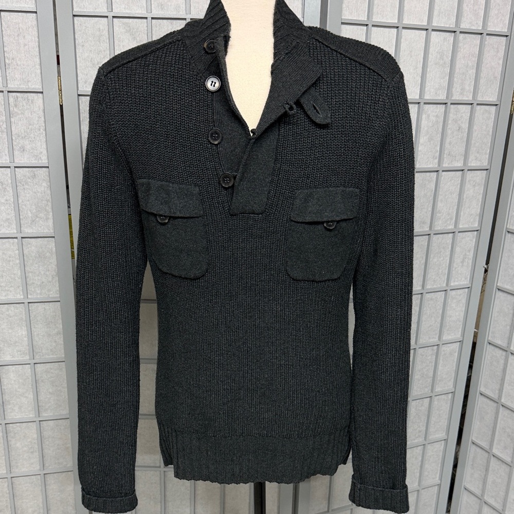 Tristan Men’s Black Button-Neck Knit Sweater with Chest Pockets, Small